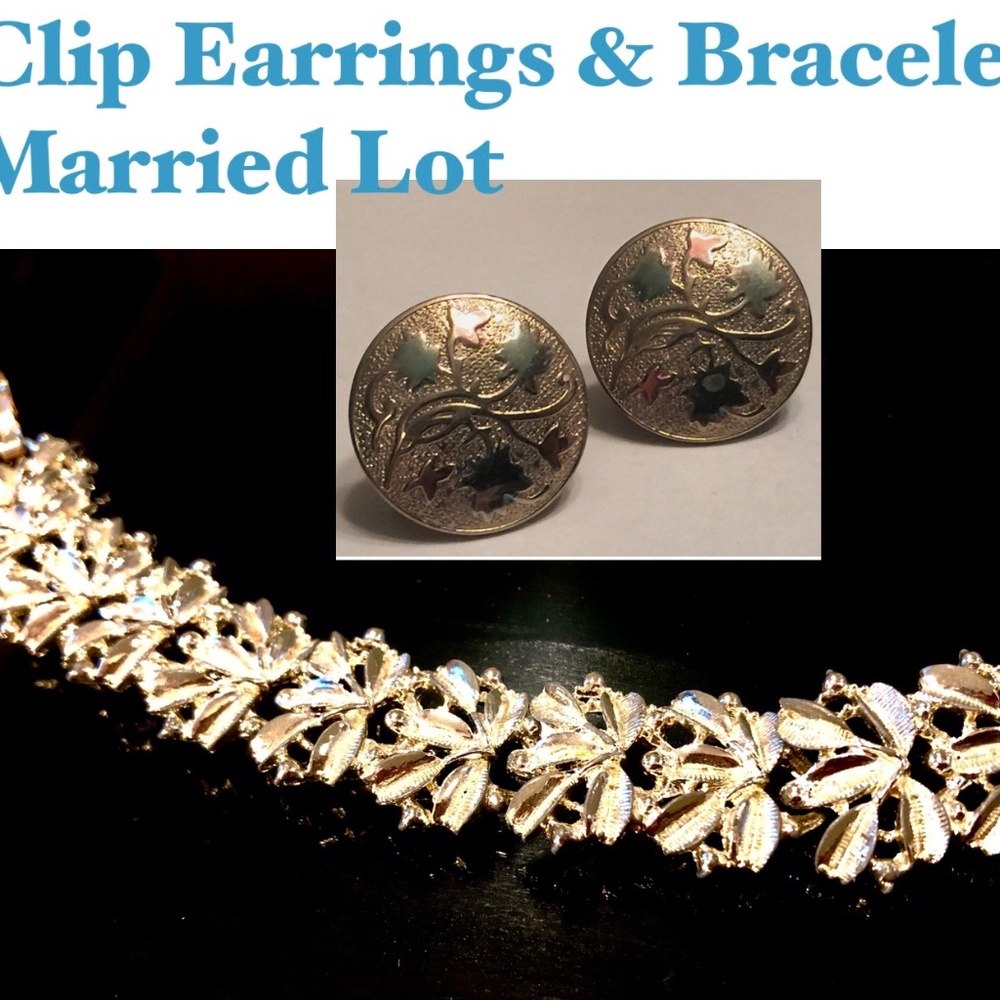 TWO-FER! VTG Gold Tone 5 Leaf Clusters Bracelet & Repousse Leaves Clip Earrings